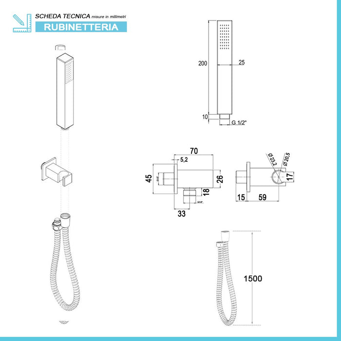 Set doccia incasso cromato con soffione 25 e kit doccia completo Nemes