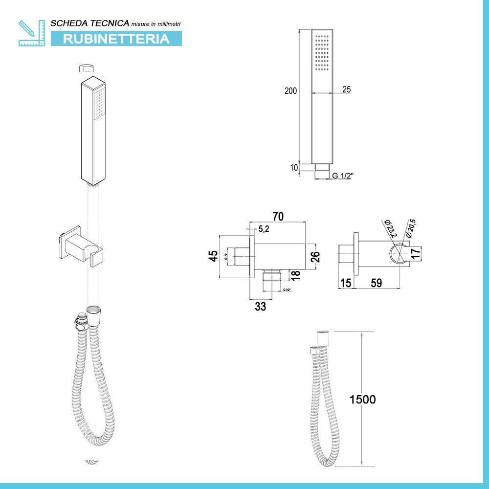 Set doccia incasso cromato con soffione 30 e kit doccia completo Nemes