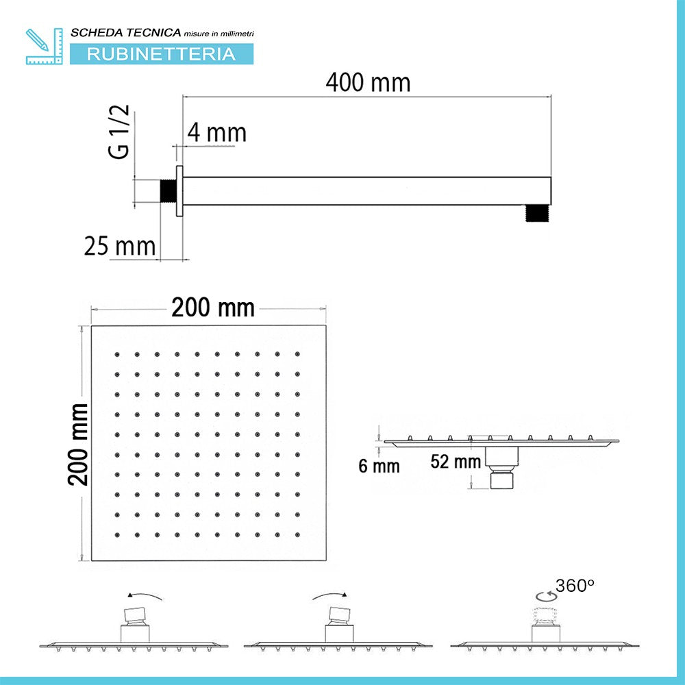 Set doccia incasso Kubo soffione 20x20 cm e kit doccia completo