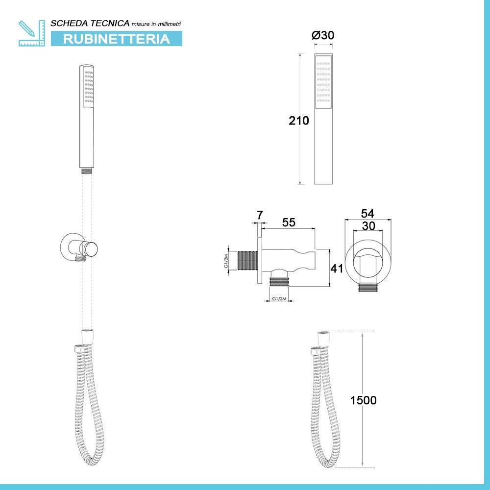 Set doccia incasso nero opaco completo con soffione 25 cm e kit doccino