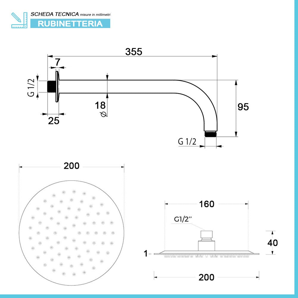 Set doccia nero opaco completo di soffione tondo 20 cm e miscelatore incasso