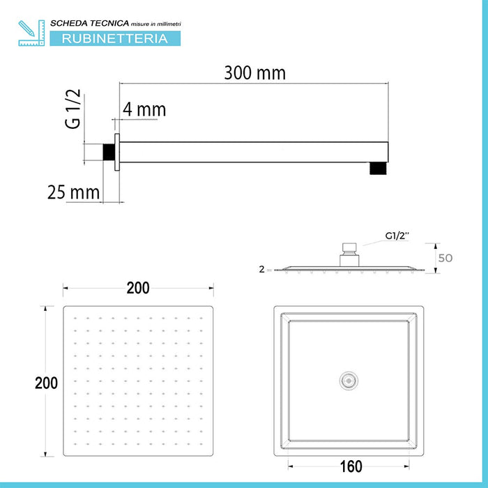 Set doccia quadrato cromo braccio 30 cm + soffione 20x20 cm acciaio