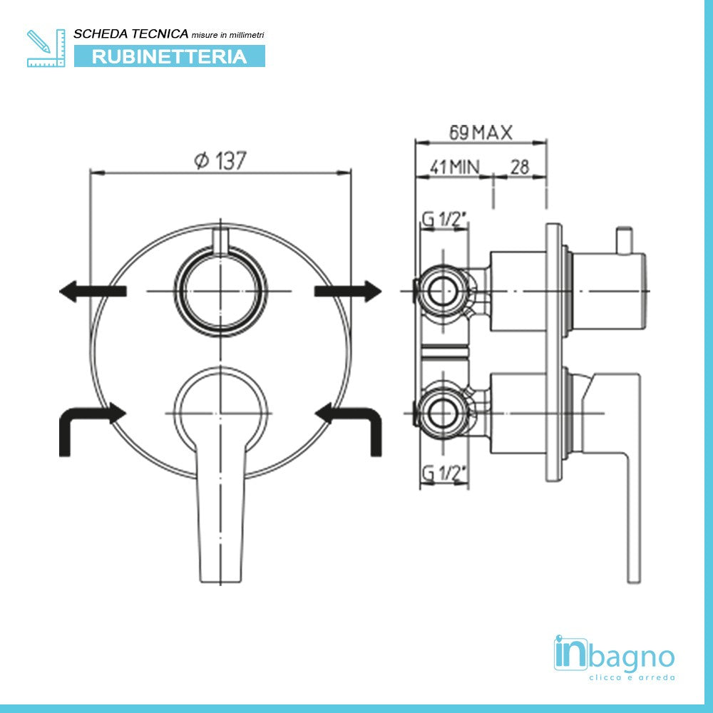 Set doccia tondo cromo Baci braccio 40 cm + soffione 25 cm + miscelatore e kit doccia