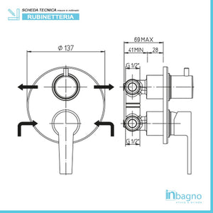 Set doccia tondo cromo Baci braccio 40 cm + soffione 25 cm + miscelatore e kit doccia