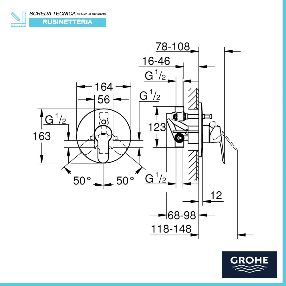 Set doccia tondo cromo Bauedge braccio 40 cm + soffione 25 cm + kit doccia e Miscelatore