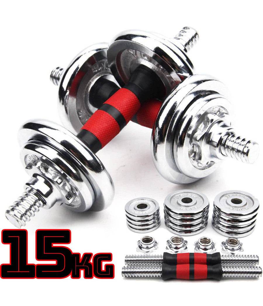 Set Manubri Pesi Regolabili Componibili Palestra Dumbbell In Acciaio 15 Kg Tot         