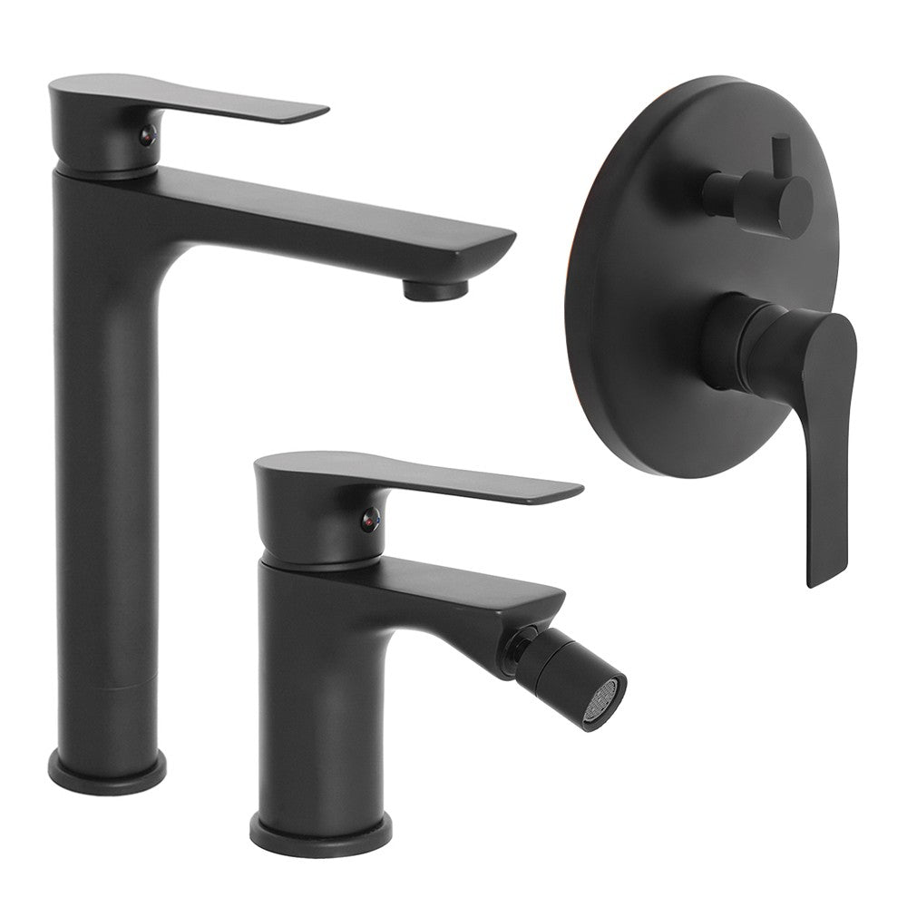 Set miscelatori lavabo alto bidet e doccia con deviatore Flat nero opaco