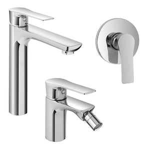 Set miscelatori lavabo alto bidet e doccia Flat con piletta click clack 