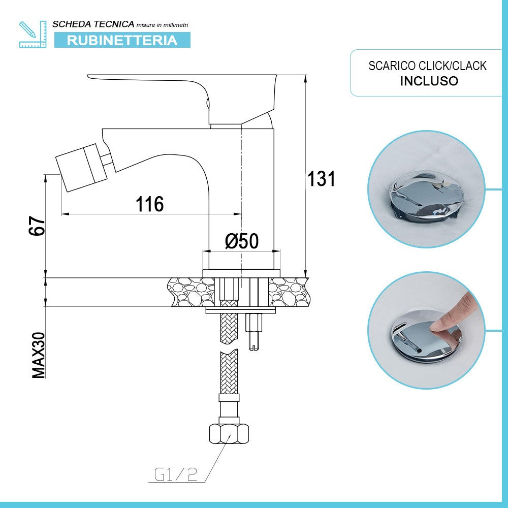 Set miscelatori lavabo alto bidet e doccia Flat con piletta click clack 