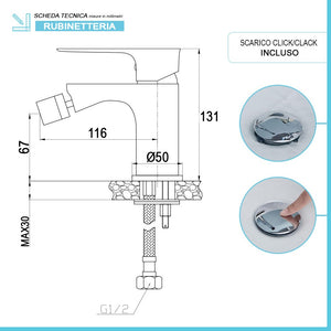 Set miscelatori lavabo alto bidet e doccia Flat con piletta click clack 