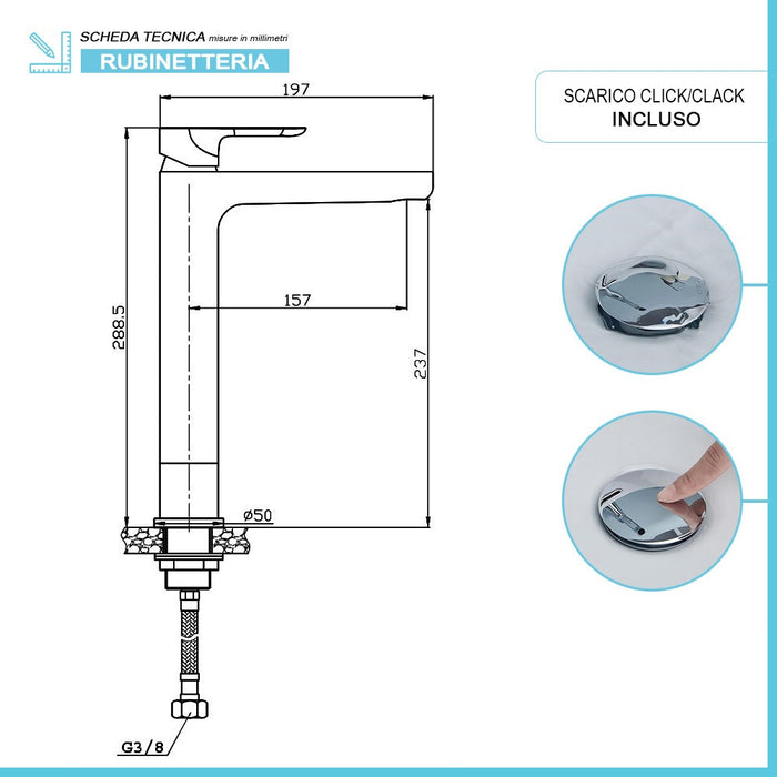 Set miscelatori lavabo alto e bidet Kreo in ottone cromato con piletta 