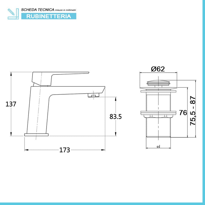 Set miscelatori lavabo bidet e doccia esterno cromati serie Kubo scarico incluso