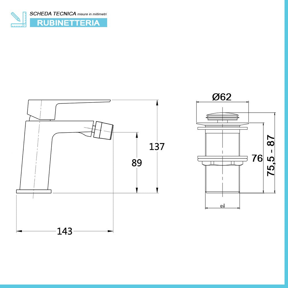 Set miscelatori lavabo bidet e doccia esterno cromati serie Kubo scarico incluso