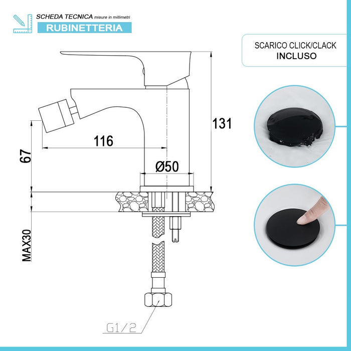 Set miscelatori lavabo bidet e doccia Flat nero opaco con piletta