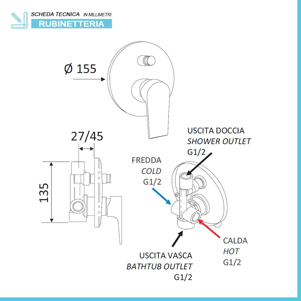 Set miscelatori lavabo bidet e doccia incasso bianco opaco Mariani Artic 