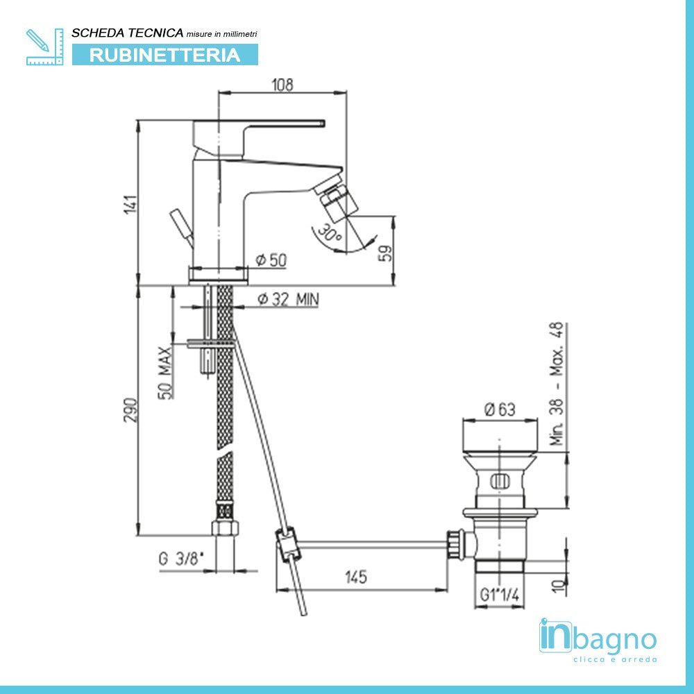 Set miscelatori lavabo bidet e doccia incasso con deviatore cromati Piralla Baci scarico incluso