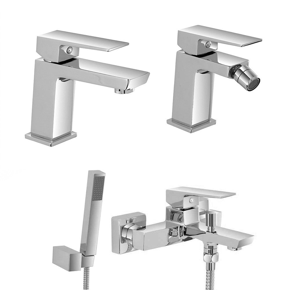 Set miscelatori lavabo bidet e vasca con kit doccia cromati serie Kubo scarico incluso