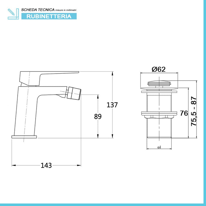 Set miscelatori lavabo bidet e vasca con kit doccia cromati serie Kubo scarico incluso