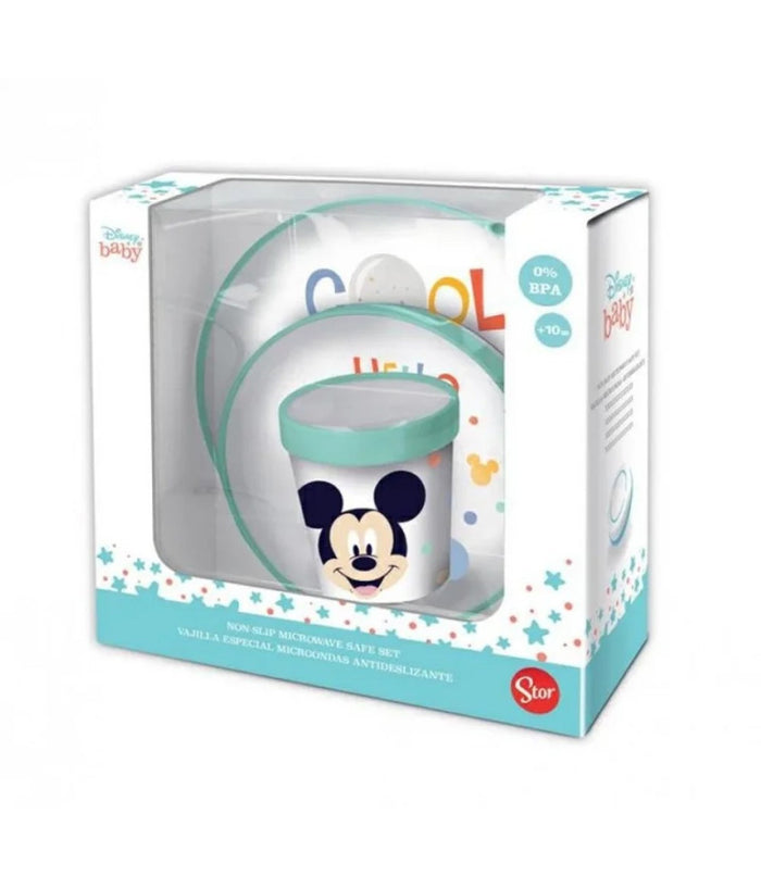 Set Pappa Topolino Bicchiere Piatti Antiscivolo Azzurro Bambini Prima Pappa         