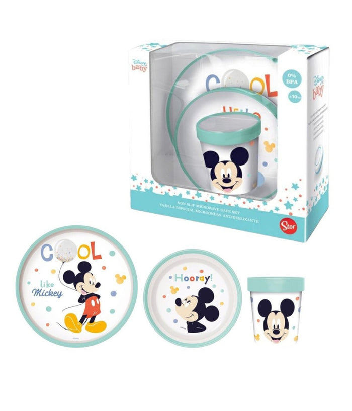 Set Pappa Topolino Bicchiere Piatti Antiscivolo Azzurro Bambini Prima Pappa         