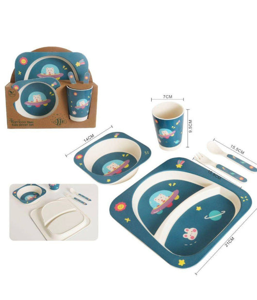 Set Pappa Per Bambini 5 Pezzi Con Piatti Bicchieri E Posate Materiale Bamboo         