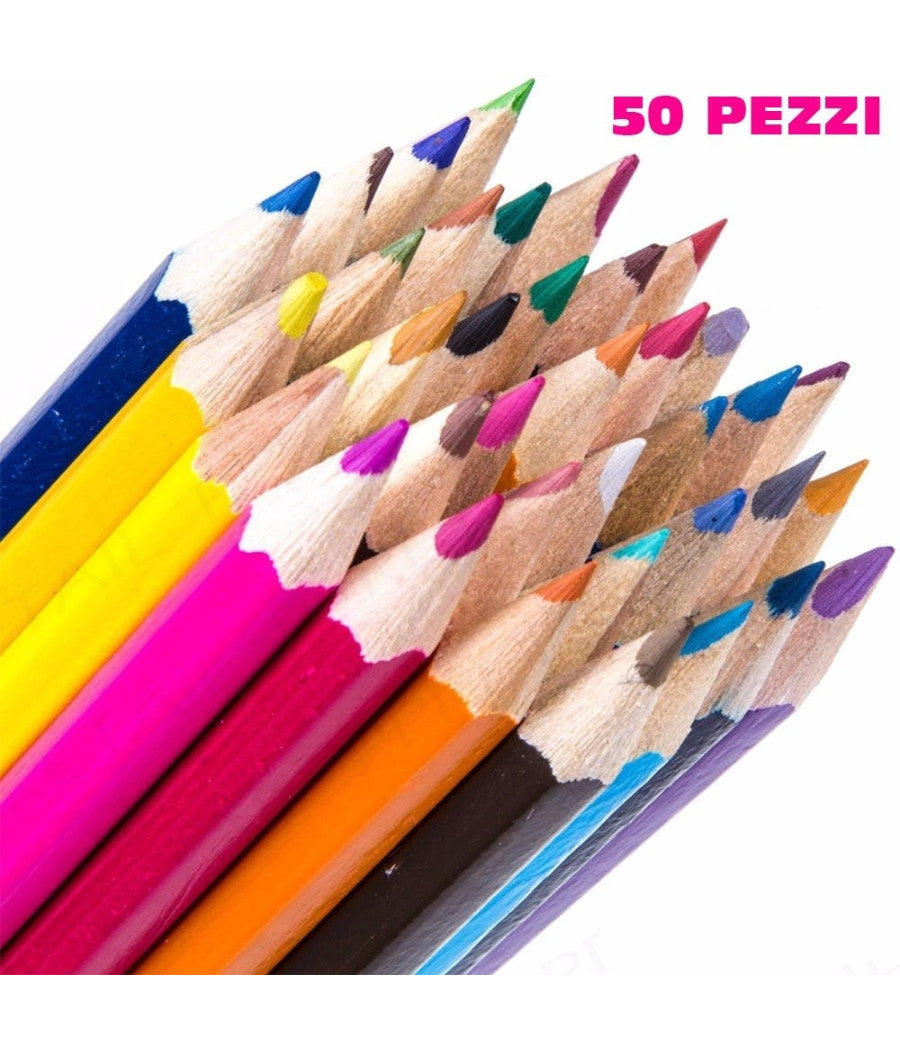 Set Pastelli Colorati 50 Pz. Matite In Legno Per Colorare Bambini Scuola Disegno         