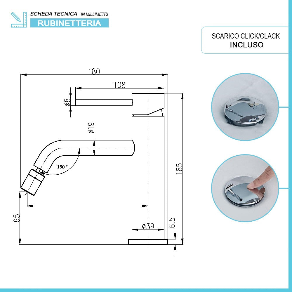 Set rubinetti lavabo alto e bidet in acciaio inox con scarico Nuego