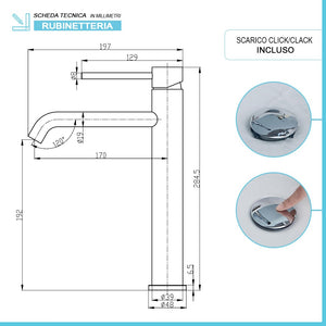 Set rubinetti lavabo alto e bidet in acciaio inox con scarico Nuego