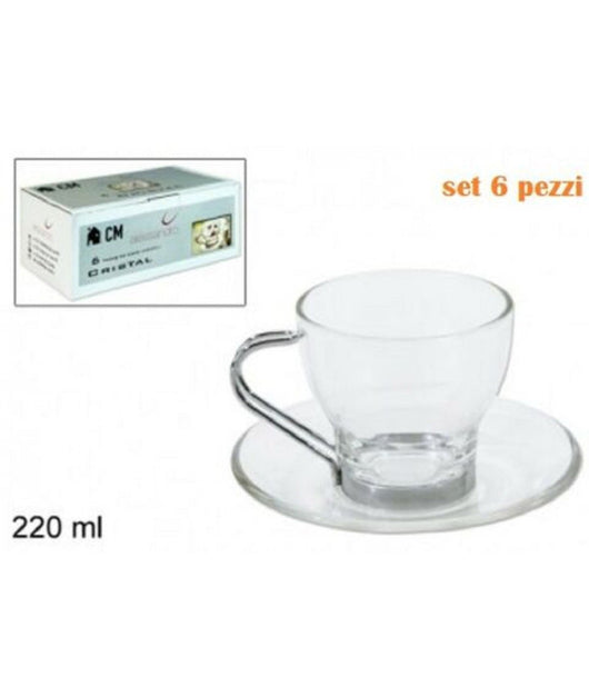 Set Servizio 6 Tazze Tazzine Caffè In Vetro Trasparente Con Piattino 220ml         