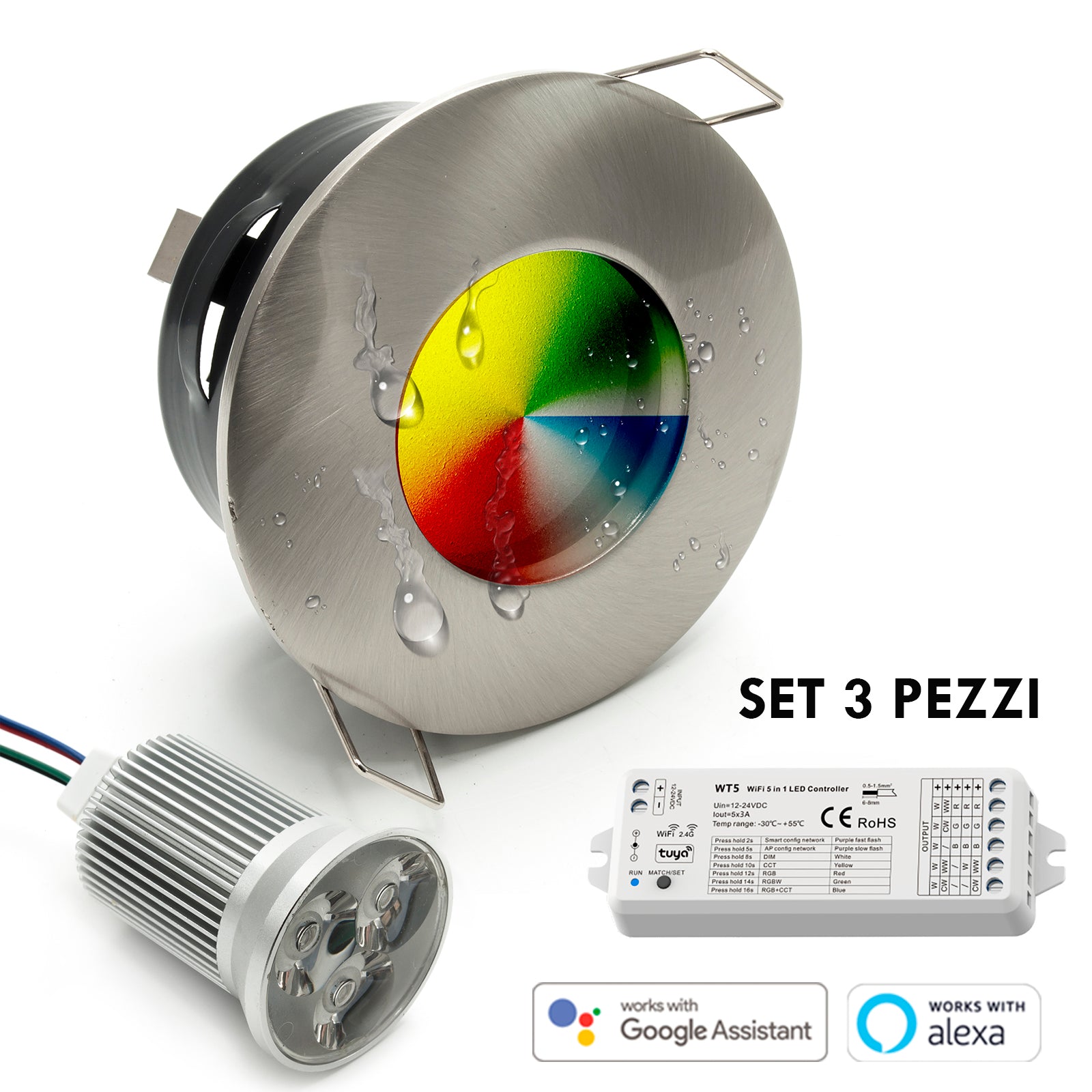 KIT 3 faretti 27W incasso box doccia IP65 LED RGB multicolore dimmer SMART WiFi Alexa Google 12V SILVER SPAZZOLATO