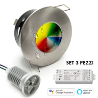 KIT 3 faretti 27W incasso box doccia IP65 LED RGB multicolore dimmer SMART WiFi Alexa Google 12V SILVER SPAZZOLATO