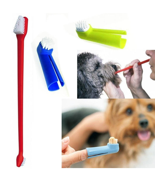 Set Spazzolino Lungo Doppio Con 2 Testine Dito Per Cane Animali Pulizia Denti         