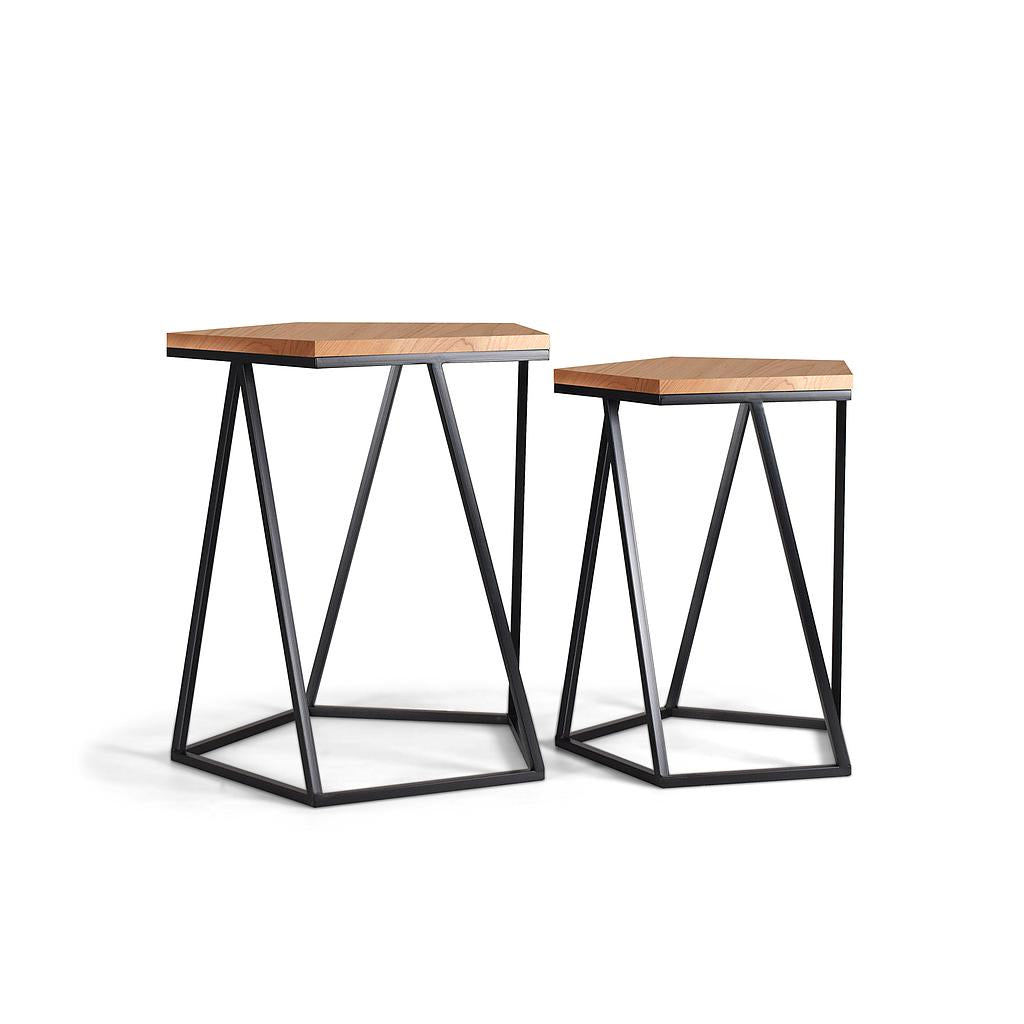 Set 2 tavolini Design Geometrico da Caffe' sovrapponibili legno cedro ferro battuto salotto industrial moderno