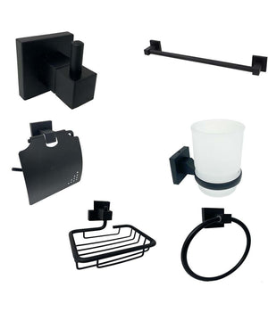 Set Ultra Moderno Nero 6pz Bagno Porta Asciugamano Rotolo Bicchiere Spazzolini 87261         