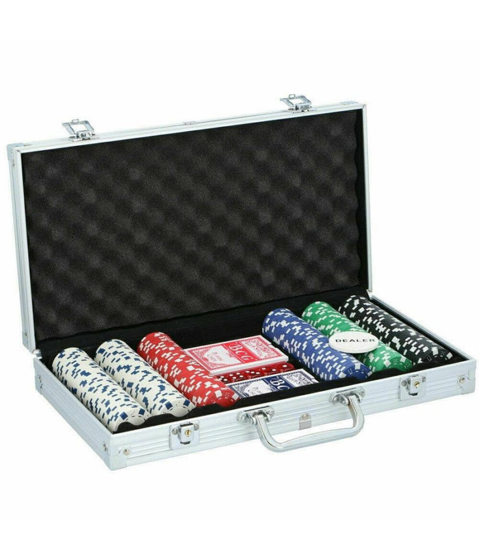 Set Valigetta Da Poker Confezione 300 Fiches 2 Mazzi Di Carte 5 Dadi         