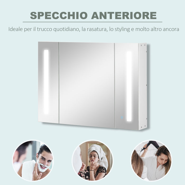 Armadietto Specchiera da Bagno con 3 Armadietti 90x15x65 cm 3 Ripiani e Luce LED Bianco