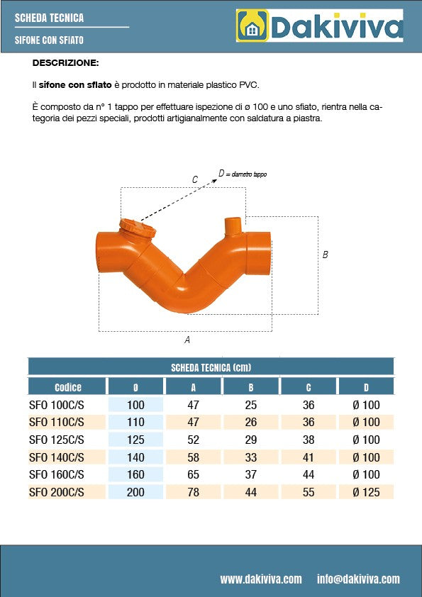 Sifone con sfiato in pvc (1 Tappo) : Diametro - 200