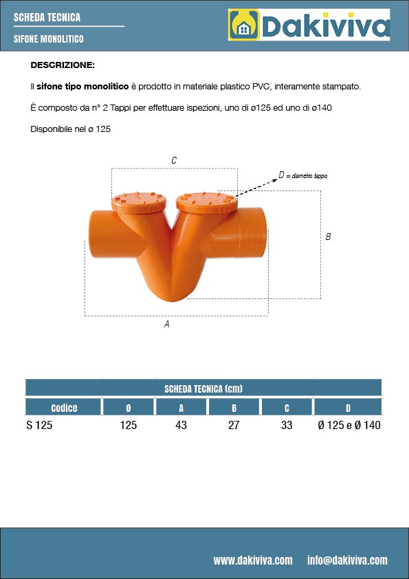 Sifone monolitico ø125 in pvc