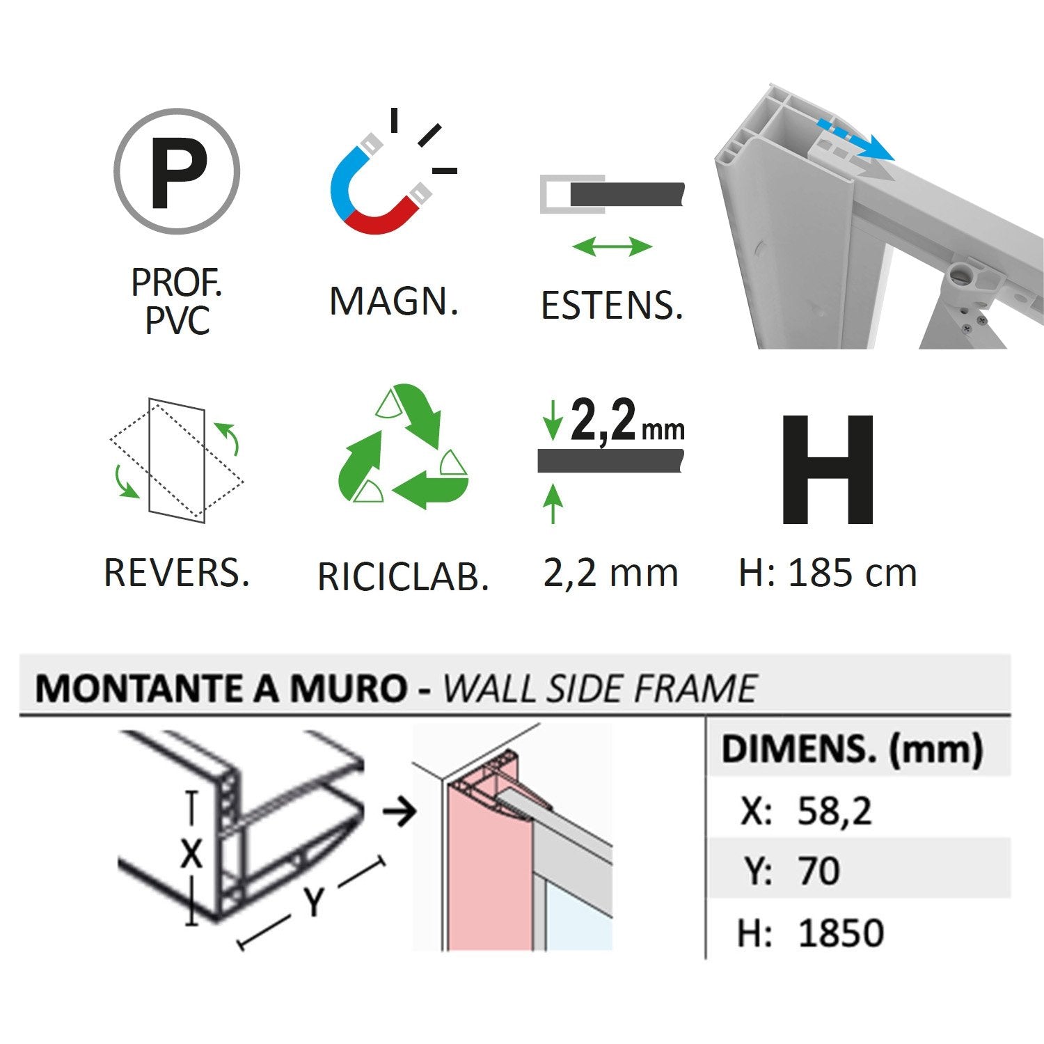 Box doccia pivotante 70x95 AP. 95 CM H 185 in Acrilico mod. Sigma Duo