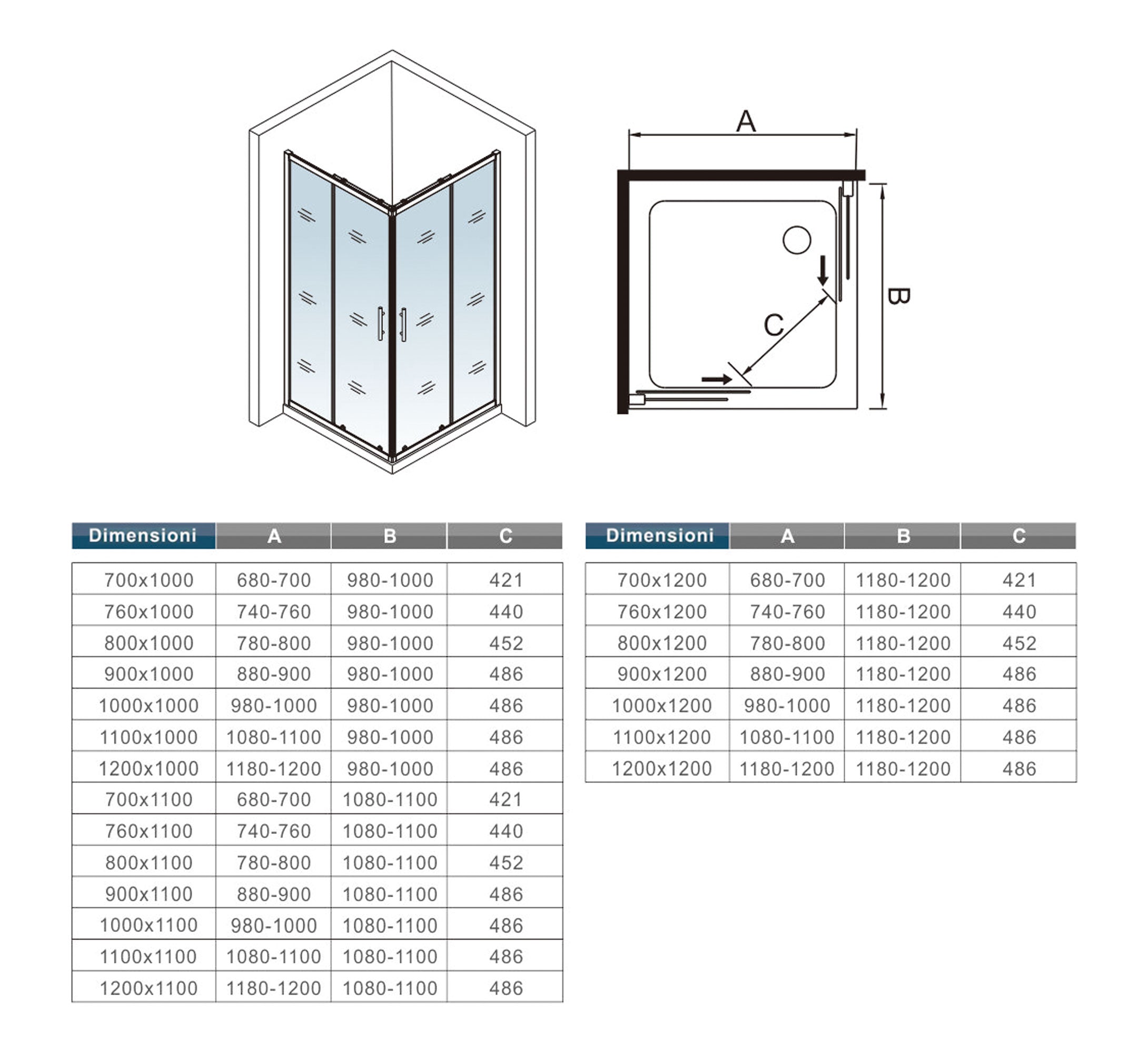 70x80x195 cm Box Doccia Angolare Doppie Porte Scorrevoli in Vetro 6mm Temperato Anticalcare Trasparente e Telaio Cromo Lucido