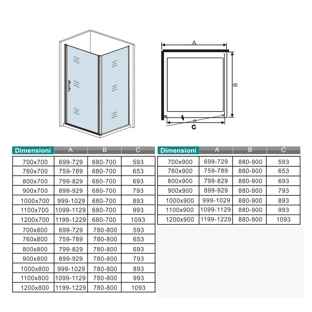 H.195 cm Box Doccia Angolare Porta Battente 100 cm Parete Fissa 90 cm Vetro 6mm Anticalcare Barra da 45 cm Cromo Lucido