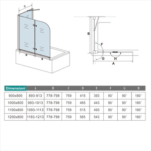 100x140cm Parete Doccia Sopravasca Angolare 2 Ante Pieghevoli con Parete Laterale 75 cm Vetro Temperato 6 mm Trasparente Anticalcare Cromato Lucido