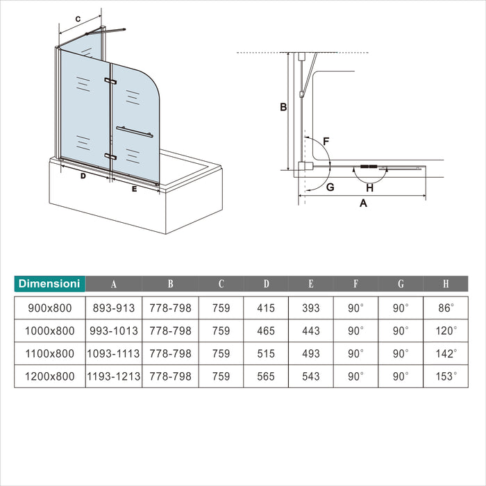 90x140cm Parete Doccia Sopravasca Angolare 2 Ante Pieghevoli con Parete Laterale 70 cm Vetro Temperato 6 mm Anticalcare Portasciugamani Cromato Lucido