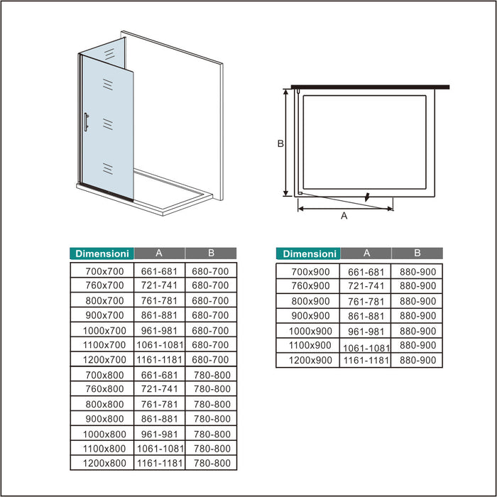 195 cm Box Doccia Walk In Porta Battente 97 cm + Parete Fissa 80 cm Vetro 6mm Anticalcare Barra da 45 cm Cromo Lucido