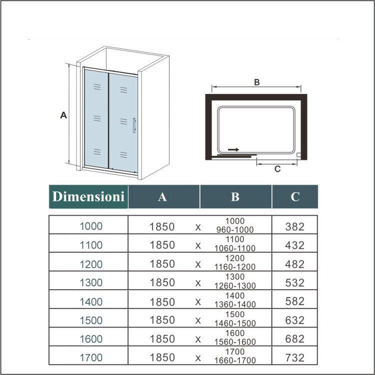 120x185 cm Porta Doccia Per Nicchia Anta Scorrevole Ingresso Laterale In Vetro Temperato 5mm Satinato Opaco