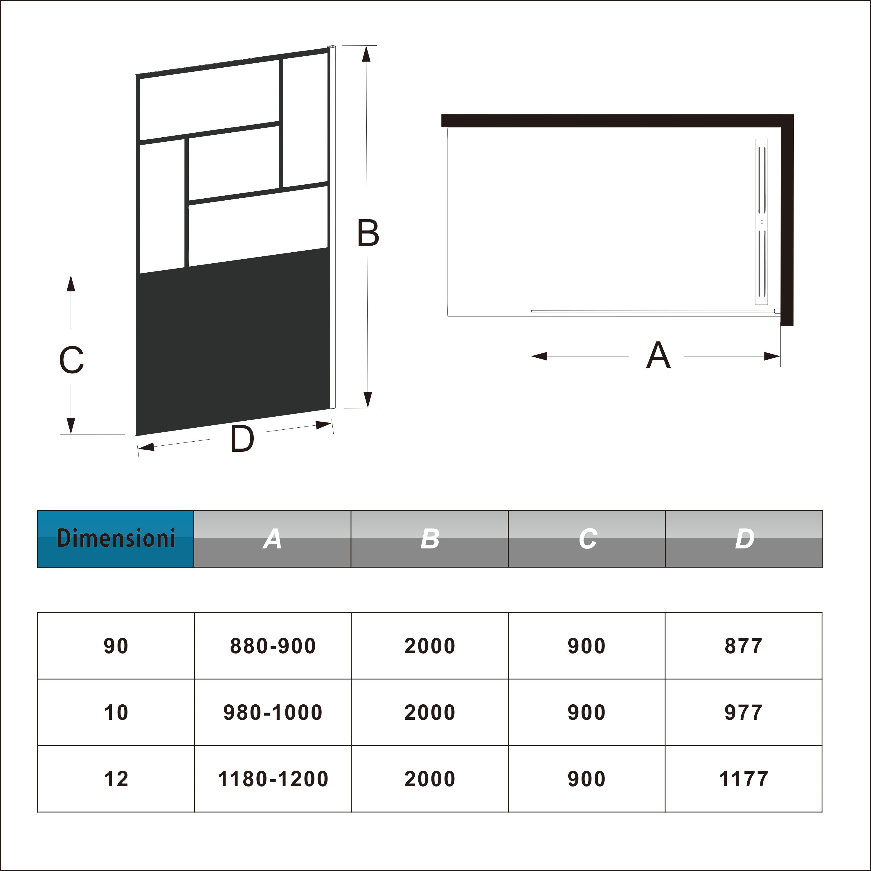 Doccia Walk In Parete Fissa Vetro Temperato 8 mm Anticalcare 100x200cm Semitrasparente Riquadri Nero Serigrafato Barra Stabilizzatrice da 90 cm