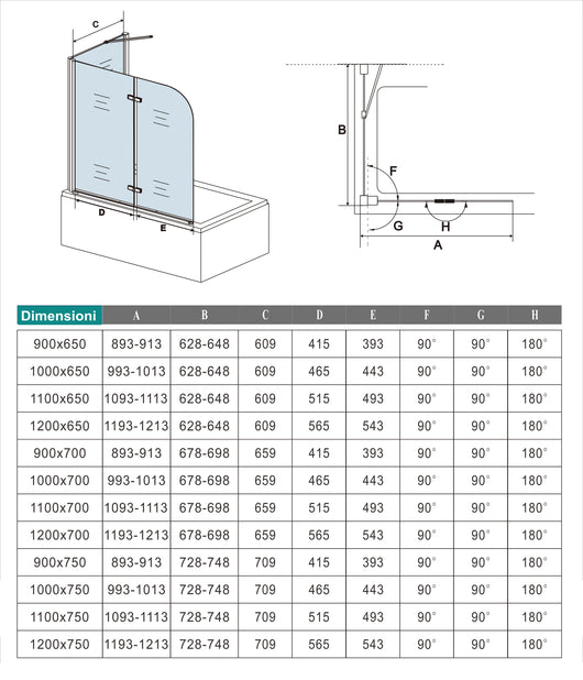 90x140cm Parete Doccia Sopravasca Angolare 2 Ante Pieghevoli con Parete Laterale 65 cm Vetro Temperato 6 mm Trasparente Anticalcare Cromato Lucido