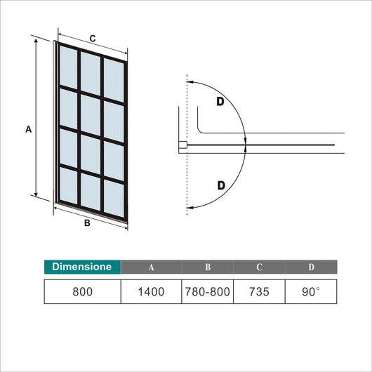 Parete Vasca Doccia 80xh.140cm Sopravasca Pannello Girevole in Vetro Temperato 6 mm Trasparente con Riquadri Neri