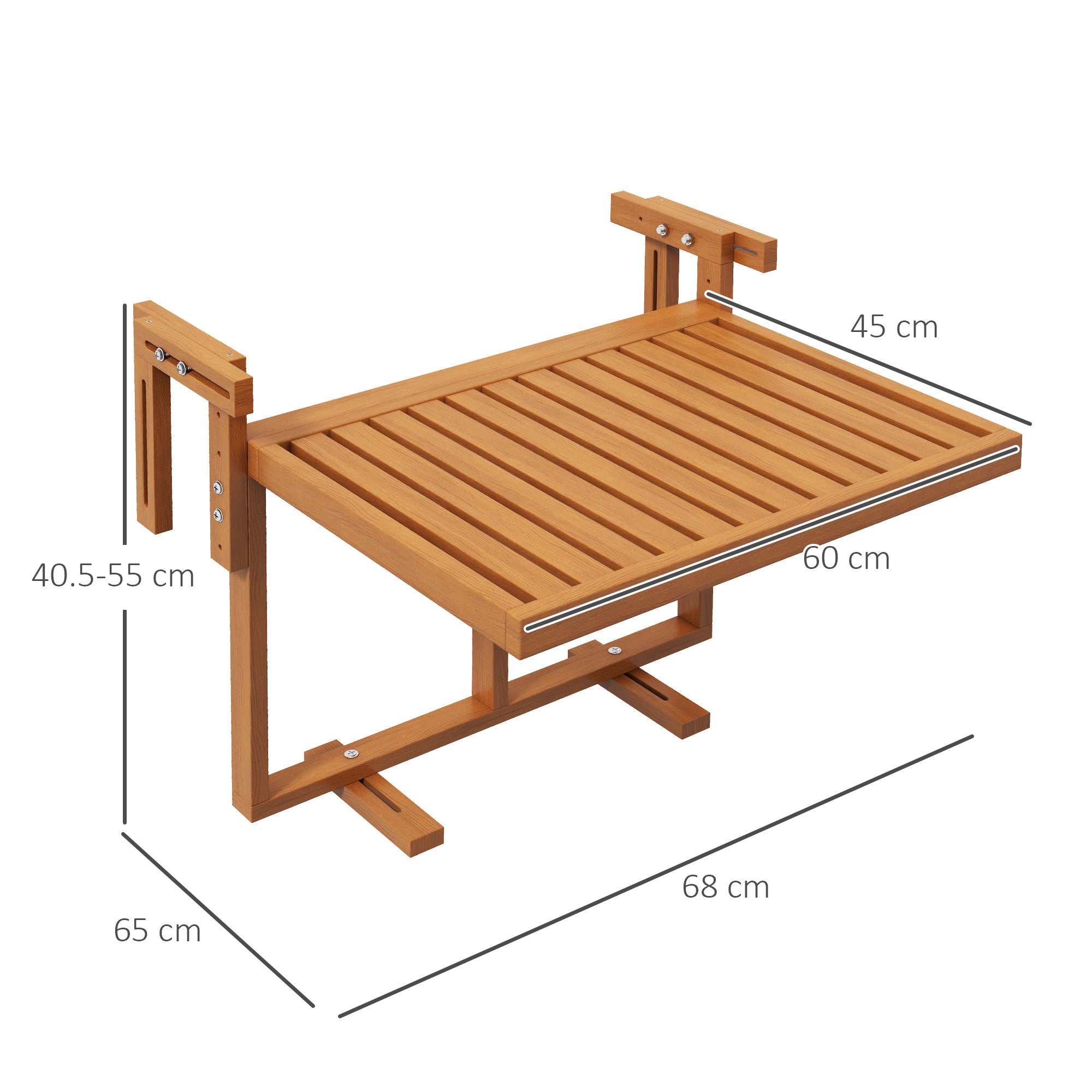 Tavolino da Ringhiera per Balcone Pieghevole e Regolabile 68x65x40,5-55 cm in Legno Colore Teak