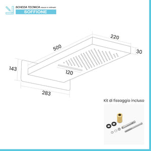 Soffione doccia a sbalzo 22x50 cm cromato in acciaio inox con cascata